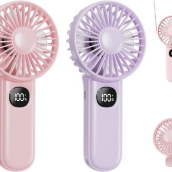 Portable Fan, 2-Pack Rechargeable Handheld Fans with 12H Battery, 5-Speed 180° Foldable USB Fan, Cooling Face Fan with Lanyard for Makeup & Travel, Camping, Hiking -Pink & Purple