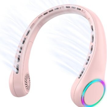 Portable Neck Fan, Personal Fan with 4000mAh Battery, Rechargeable Neck Fan with 3 Speeds and 64 Cool Lights, Birthday Gifts for Men Women Mom Dad, Hands Free Cooling fan for Summer(Pink)