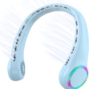 Portable Neck Fan, Personal Fan with 4000mAh Battery, Rechargeable Neck Fan with 3 Speeds and 64 Cool Lights, Birthday Gifts for Men Women Mom Dad, Hands Free Cooling fan for Summer(Blue)
