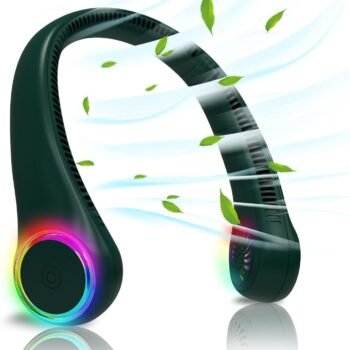 Bladeless Portable Neck Fan - Rechargeable Hands Free USB Personal Fan Battery Operated with LED lights for Home Office Travel Indoor Outdoor (Dark Green)