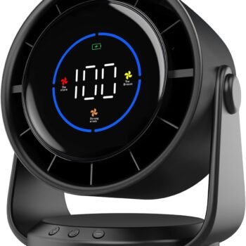 Desk Fan, Turbo Table Fan for Bedroom, 100-Speed Digital Display, Low Noise, 105° Adjustable Tilt, 7.5-inch, Rechargeable Battery, Wall-Mouted Design for Home, Office, Travel Dark Black