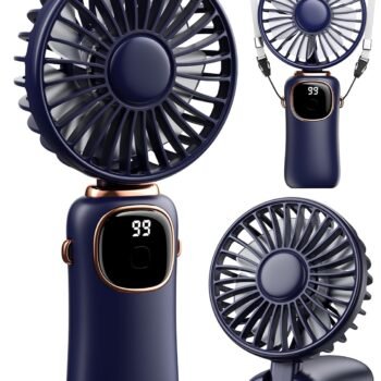 Portable Handheld Fan, 4000mAh Battery Operated Fan with LED Display, Handheld/Neck/Desk 3 in 1 Personal Small Fans, 90° Foldable Desk Fan with Base, 5 Speed Makeup Lash Fan for Women Blue