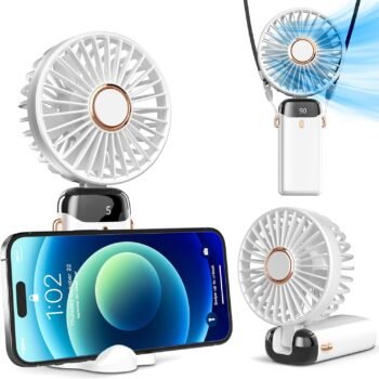 Portable Handheld, Battery Operated with Base, 8 Hours, Digital Display, 5 Speeds, 90° Ajustable, Rechargeable Mini for Outdoor Indoor White
