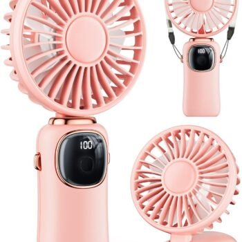 Portable Handheld Fan, 4000mAh Battery Operated with LED Display, Handheld/Neck/Desk 3 in 1 Personal Small Fan, 90° Foldable Desk Fan with Base, 5 Speed Lash Makeup Fan for Women
