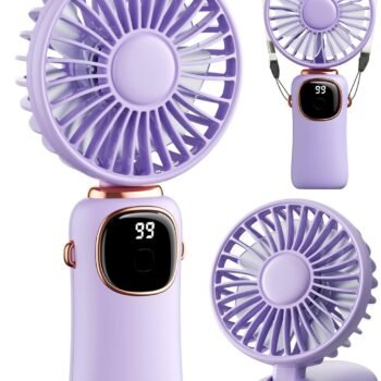 Portable Handheld Fan, 4000mAh Battery Operated 3 in 1 Multifunction Personal Travel Fans with Digital Display, 90° Foldable Desk Fan with Base, 5 Speed Lash Fan for Makeup/Commute/Office