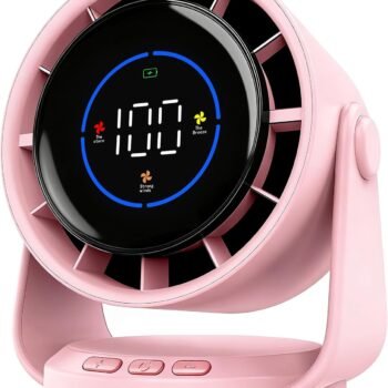Desk Fan, Turbo Table Fan for Bedroom, 100-Speed Digital Display, Low Noise, 105° Adjustable Tilt, 7.5-inch, Rechargeable Battery, Wall-Mouted Design for Home, Office, Travel Pink