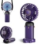 Portable Handheld Fan, 12 hours, Upgrade 3200mAh Portable Fan with LED Display, 90° Foldable, 5 Speed Wind,Hand Held/Neck/Desk 3 in 1 Personal Small Fans, Makeup Fans for Women (Purple)