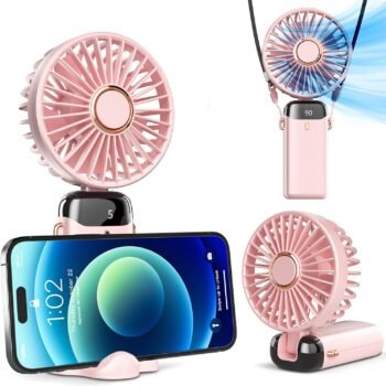Portable Handheld, Battery Operated with Base, 8 Hours, Digital Display, 5 Speeds, 90° Ajustable, Rechargeable Mini for Outdoor Indoor Pink