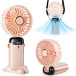 Portable Handheld Fan, 12 hours, Upgrade 3200mAh Portable Fan with LED Display, 90° Foldable, 5 Speed Wind,Hand Held/Neck/Desk 3 in 1 Personal Small Fans, Makeup Fans for Women (Pink)