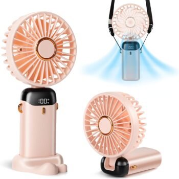 Portable Handheld Fan, 12 hours, Upgrade 3200mAh Portable Fan with LED Display, 90° Foldable, 5 Speed Wind,Hand Held/Neck/Desk 3 in 1 Personal Small Fans, Makeup Fans for Women (Pink)