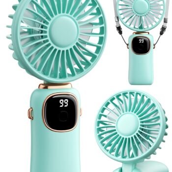 Portable Handheld Fan, 4000mAh Battery Operated Fan with LED Display, Handheld/Neck/Desk 3 in 1 Personal Small Fans, 90° Foldable Desk Fan with Base, 5 Speed Makeup Lash Fan for Women Green